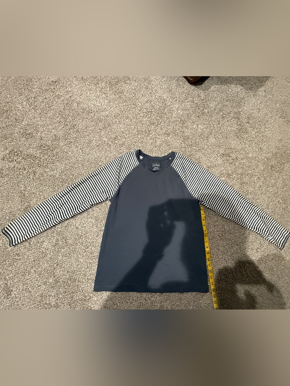 L.L. Bean Navy Kids Rashguard with Black and White Striped Sleeves SZ M